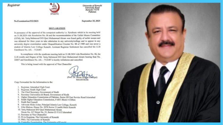 University of Karachi Cancels LLB Degree of Justice Tariq Mehmood