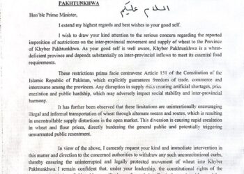 KP Governor urges PM’s intervention over wheat transport curbs
