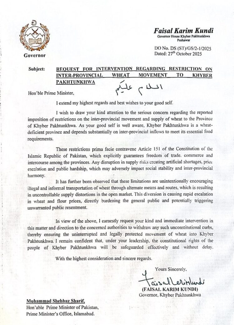 KP Governor urges PM’s intervention over wheat transport curbs